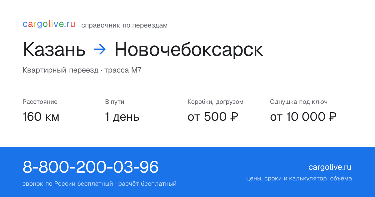 Переезд из Казани в Новочебоксарск: 160 км, 1 день в пути, от 2 000 ₽