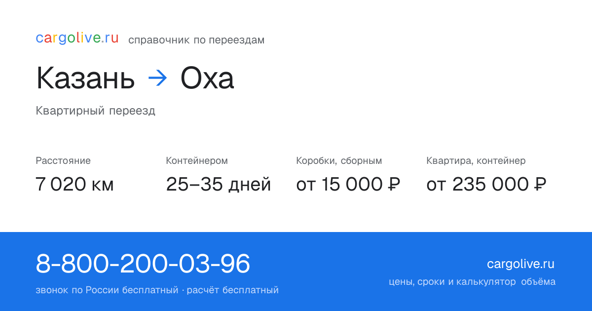 Переезд из Казани в Оху: 7 020 км, контейнером 25–35 дней, от 15 000 ₽