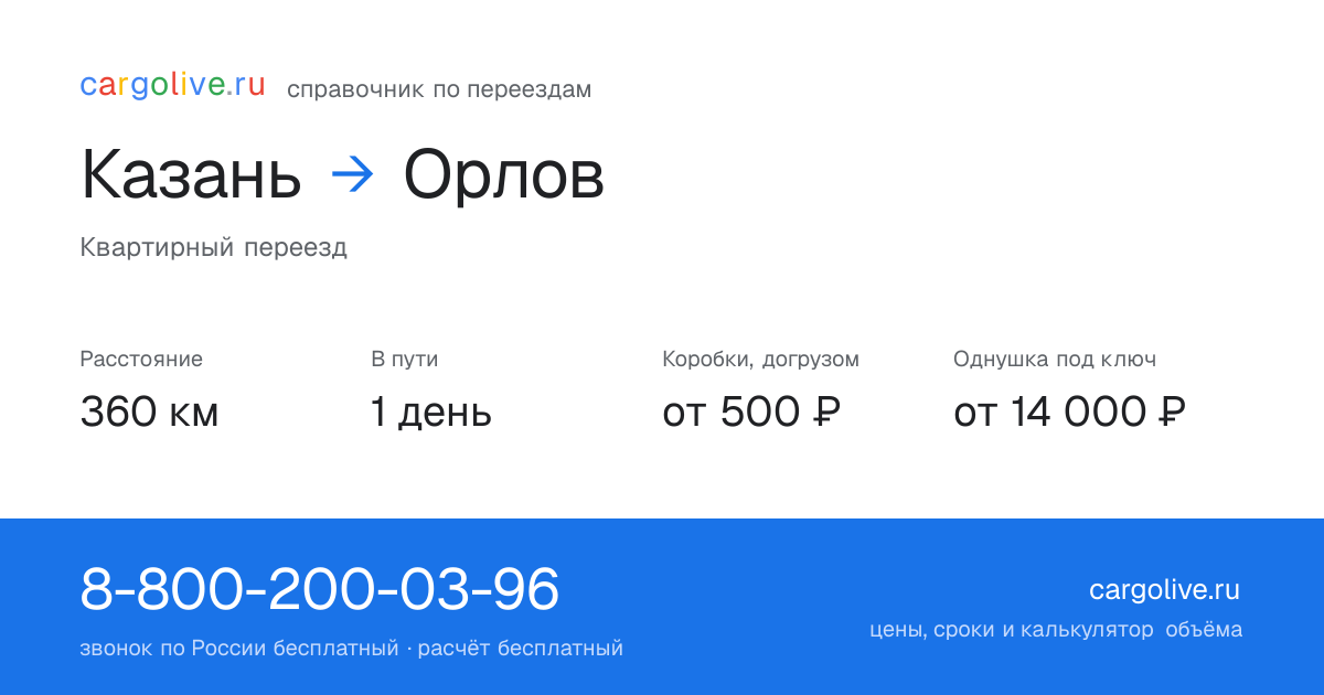 Переезд из Казани в Орлов: 360 км, 1 день в пути, от 2 000 ₽