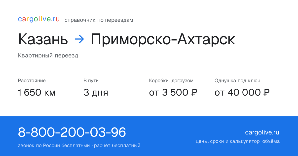 Переезд из Казани в Приморско-Ахтарск: 1 650 км, 3 дня в пути, от 3 500 ₽