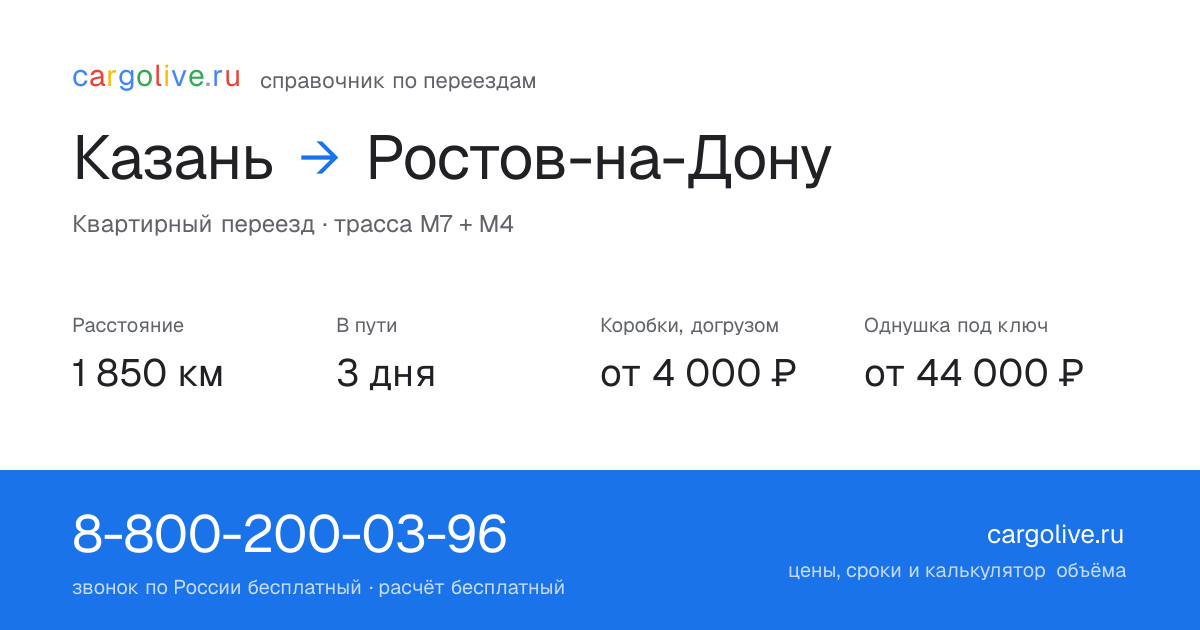 Переезд из Казани в Ростов-на-Дону: 1 850 км, 3 дня в пути, от 4 000 ₽