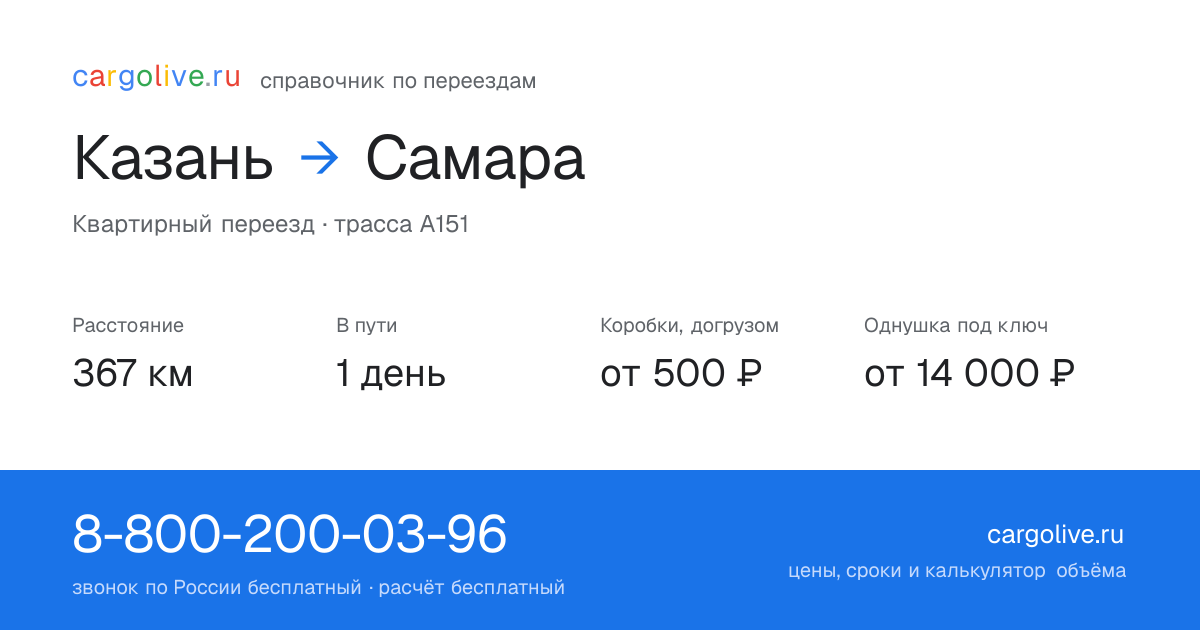 Переезд из Казани в Самару: 367 км, 1 день в пути, от 2 000 ₽