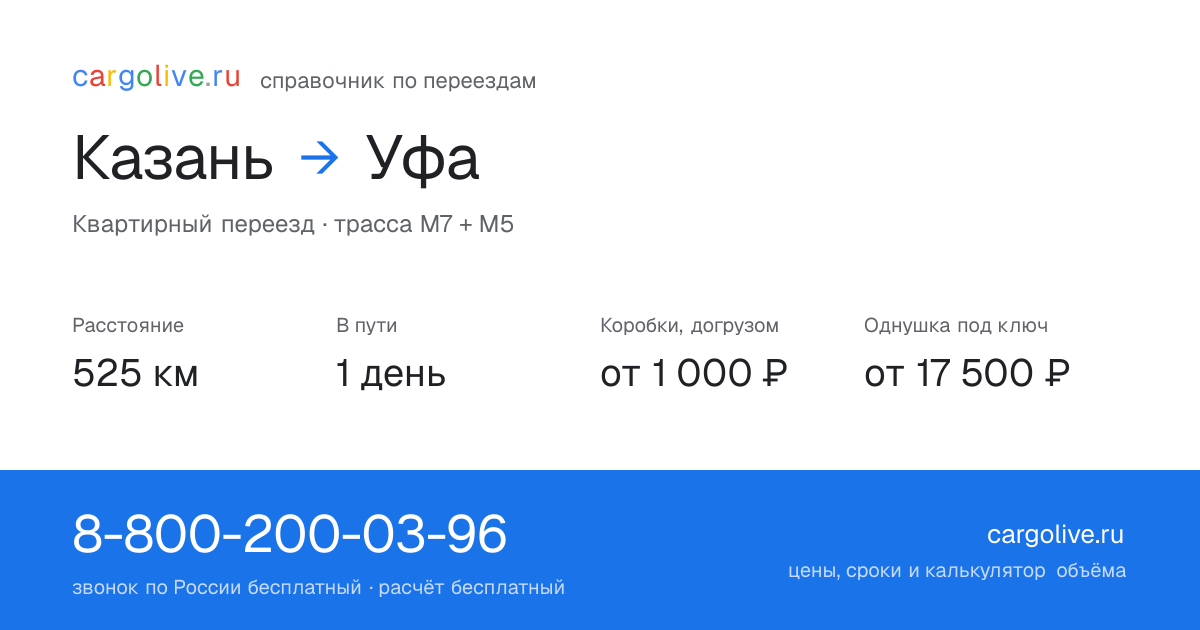 Переезд из Казани в Уфу: 525 км, 1 день в пути, от 2 000 ₽