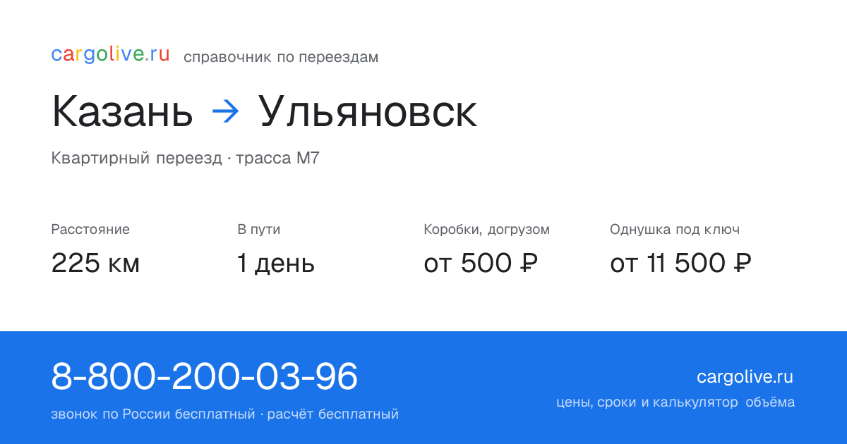 Переезд из Казани в Ульяновск: 225 км, 1 день в пути, от 2 000 ₽
