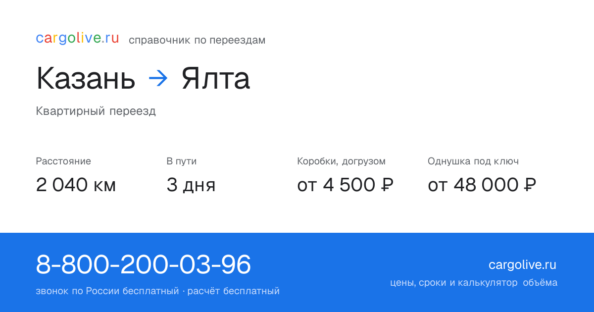 Переезд из Казани в Ялту: 2 040 км, 3 дня в пути, от 4 500 ₽