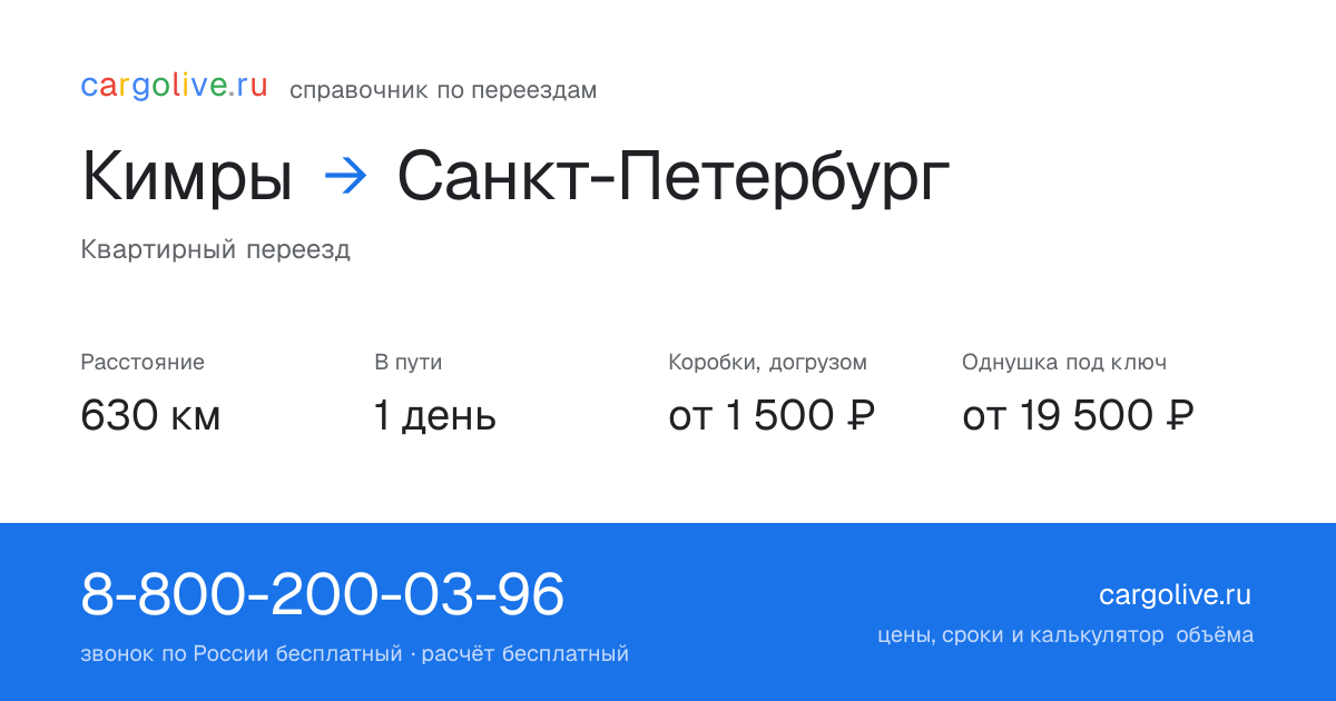 Переезд из Кимр в Санкт-Петербург: 630 км, 1 день в пути, от 2 000 ₽