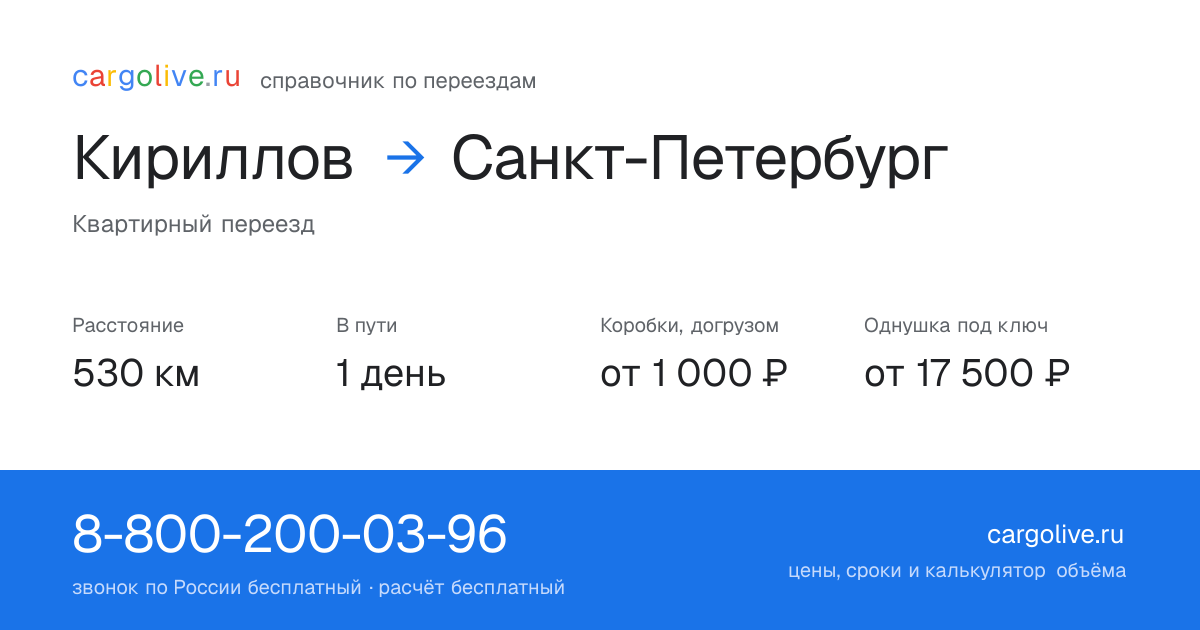 Переезд из Кириллова в Санкт-Петербург: 530 км, 1 день в пути, от 2 000 ₽