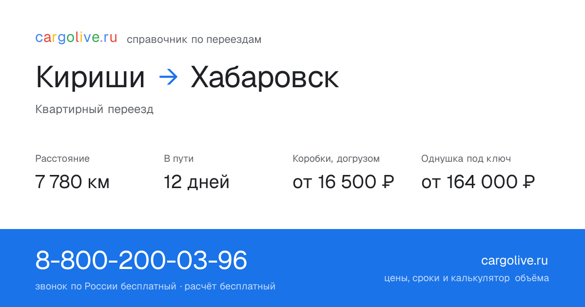 Переезд из Киришей в Хабаровск: 7 780 км, 12 дней в пути, от 16 500 ₽