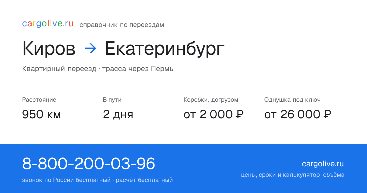 Переезд из Кирова в Екатеринбург: 950 км, 2 дня в пути, от 2 000 ₽