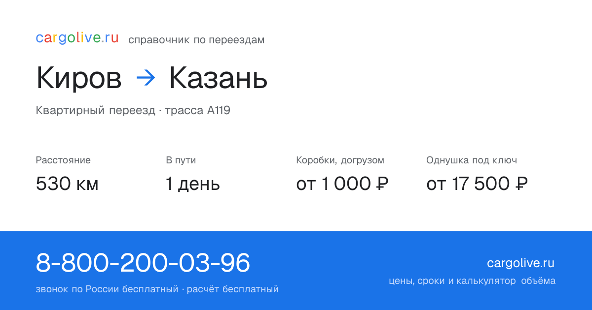 Переезд из Кирова в Казань: 530 км, 1 день в пути, от 2 000 ₽