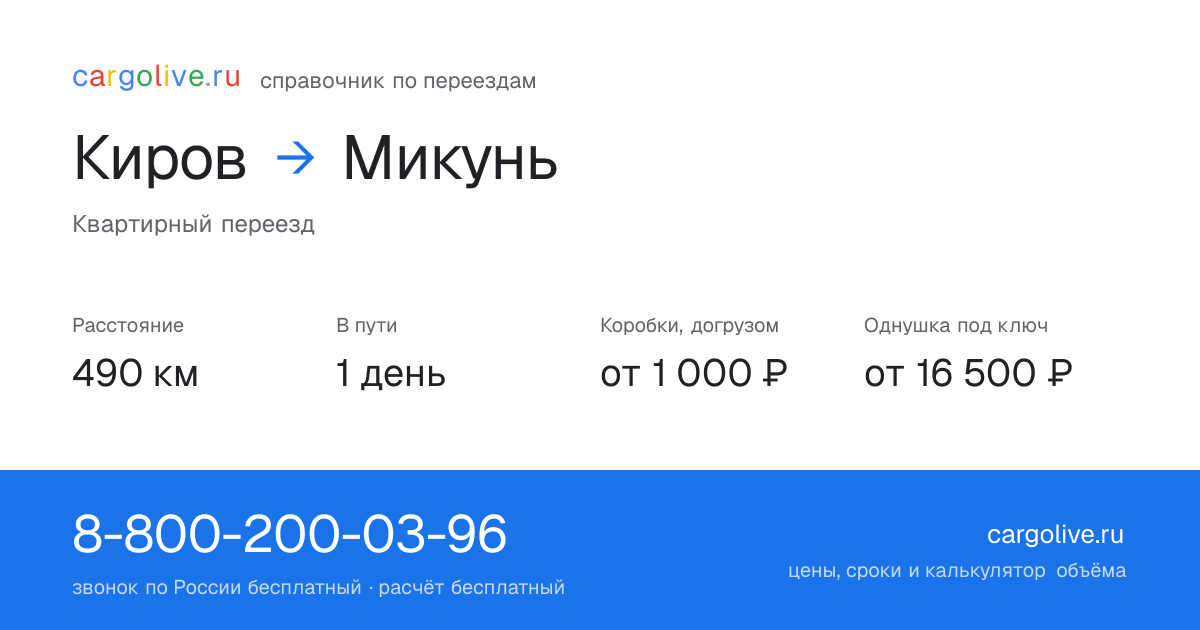 Переезд из Кирова в Микунь: 490 км, 1 день в пути, от 2 000 ₽