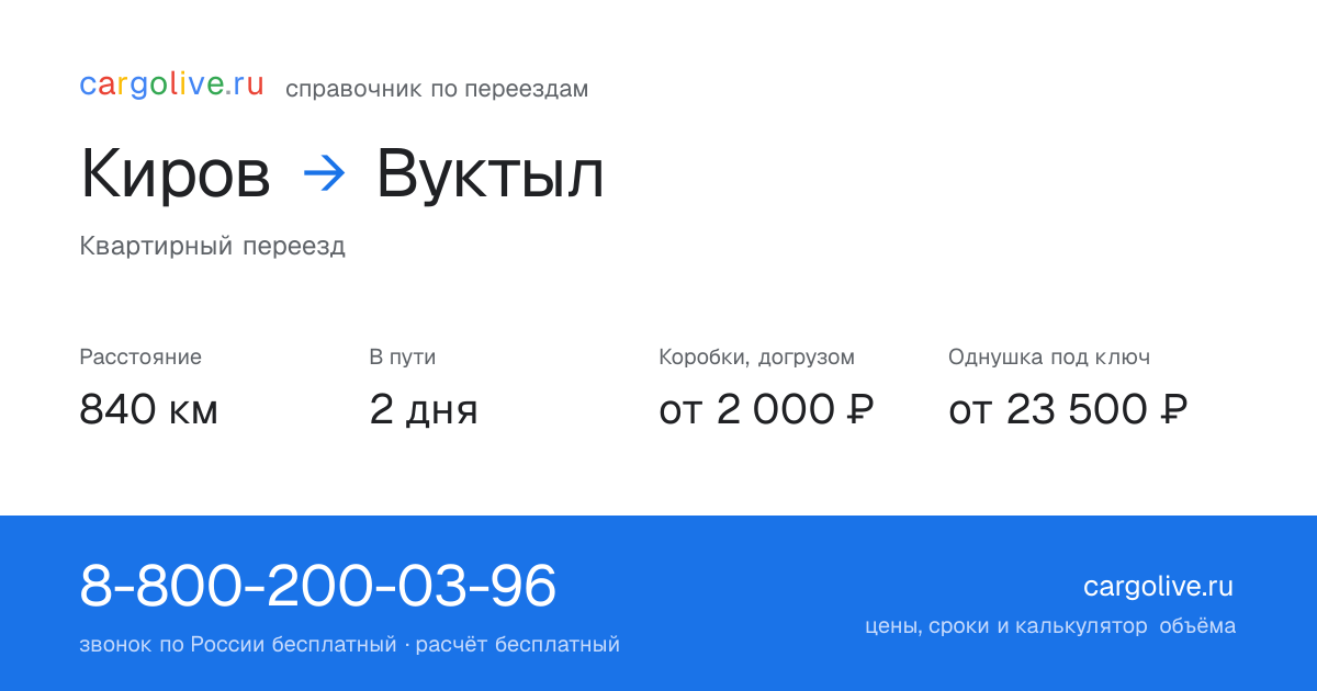 Переезд из Кирова в Вуктыл: 840 км, 2 дня в пути, от 2 000 ₽