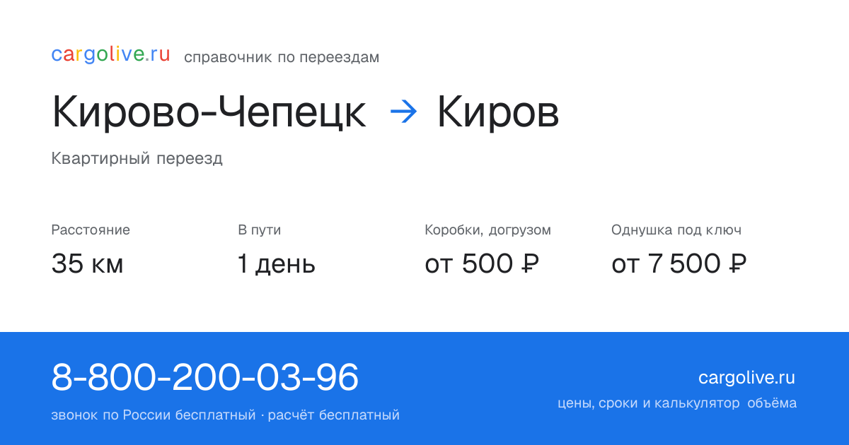 Переезд из Кирово-Чепецка в Киров: 35 км, 1 день в пути, от 2 000 ₽