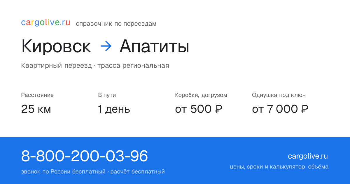 Переезд из Кировска в Апатиты: 25 км, 1 день в пути, от 2 000 ₽
