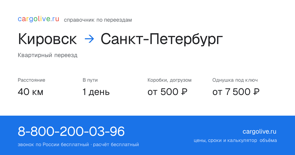 Переезд из Кировска в Санкт-Петербург: 40 км, 1 день в пути, от 2 000 ₽