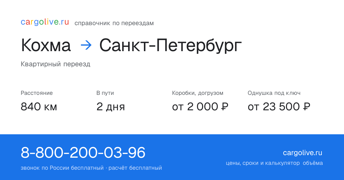 Переезд из Кохмы в Санкт-Петербург: 840 км, 2 дня в пути, от 2 000 ₽