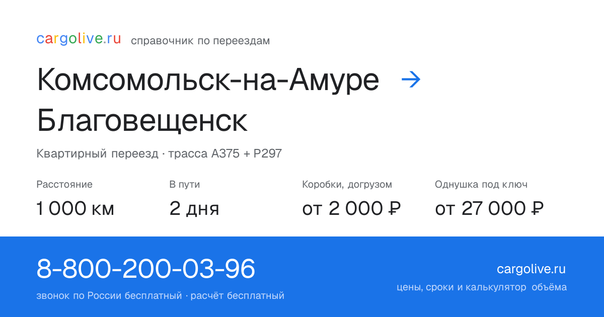 Переезд из Комсомольска-на-Амуре в Благовещенск: 1 000 км, 2 дня в пути, от 2 000 ₽