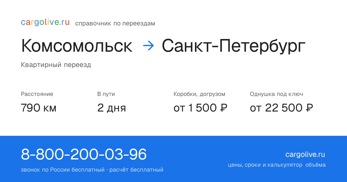 Переезд из Комсомольска в Санкт-Петербург: 790 км, 2 дня в пути, от 2 000 ₽
