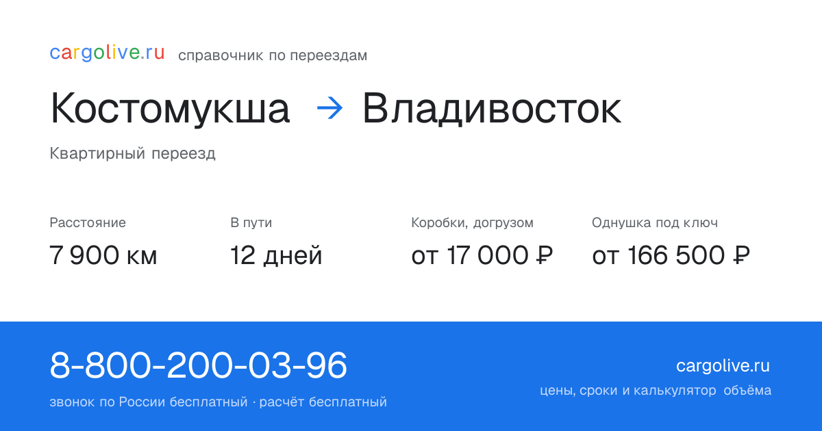 Переезд из Костомукши во Владивосток: 7 900 км, 12 дней в пути, от 17 000 ₽