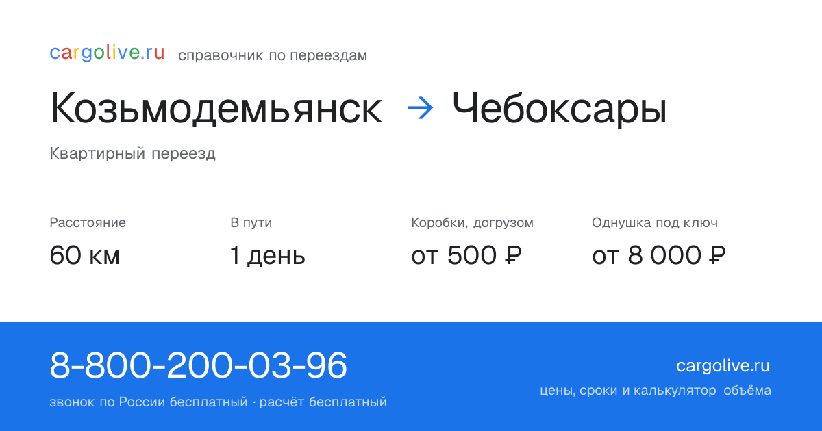 Переезд из Козьмодемьянска в Чебоксары: 60 км, 1 день в пути, от 2 000 ₽