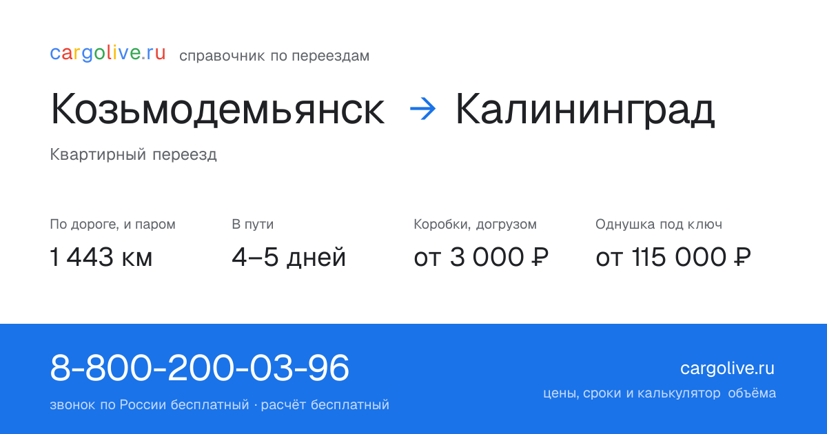 Переезд из Козьмодемьянска в Калининград: 1 443 км по дороге и паром, 4–5 дней в пути, от 3 000 ₽