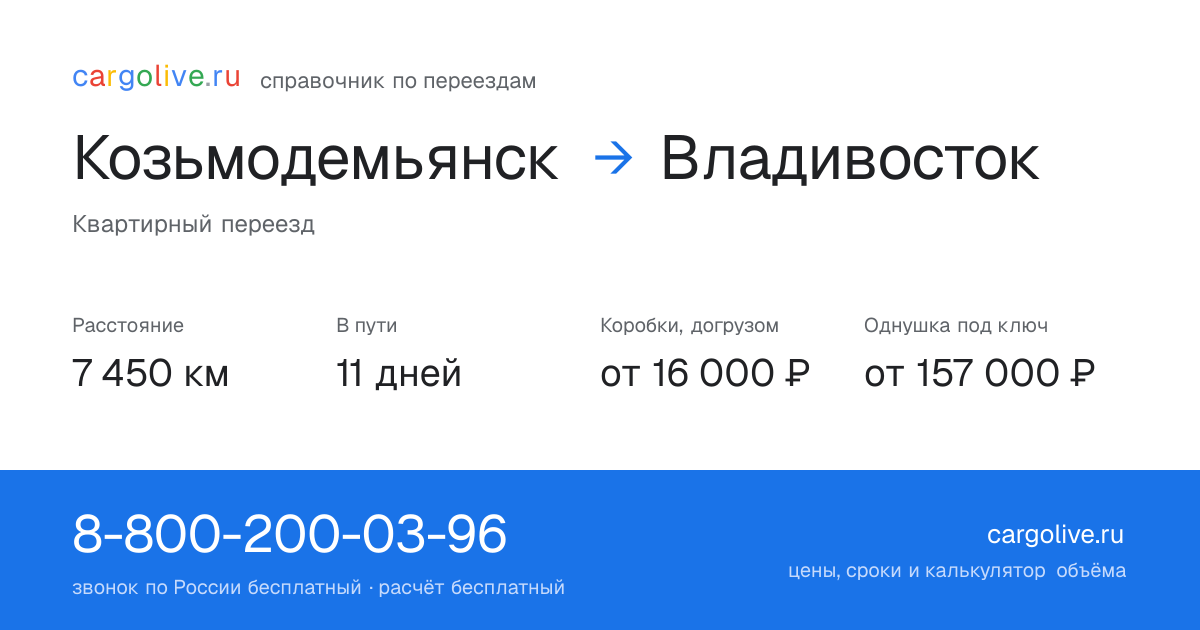 Переезд из Козьмодемьянска во Владивосток: 7 450 км, 11 дней в пути, от 16 000 ₽