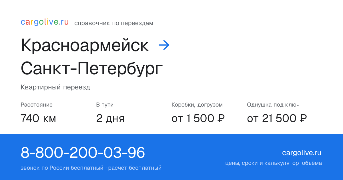 Переезд из Красноармейска в Санкт-Петербург: 740 км, 2 дня в пути, от 2 000 ₽