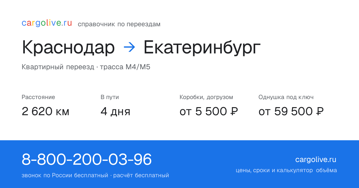 Переезд из Краснодара в Екатеринбург: 2 620 км, 4 дня в пути, от 5 500 ₽
