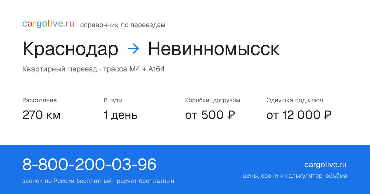Переезд из Краснодара в Невинномысск: 270 км, 1 день в пути, от 2 000 ₽