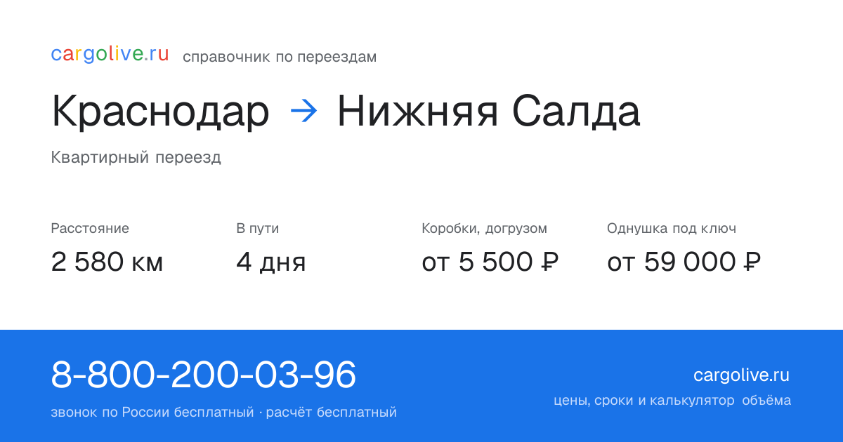 Переезд из Краснодара в Нижнюю Салду: 2 580 км, 4 дня в пути, от 5 500 ₽