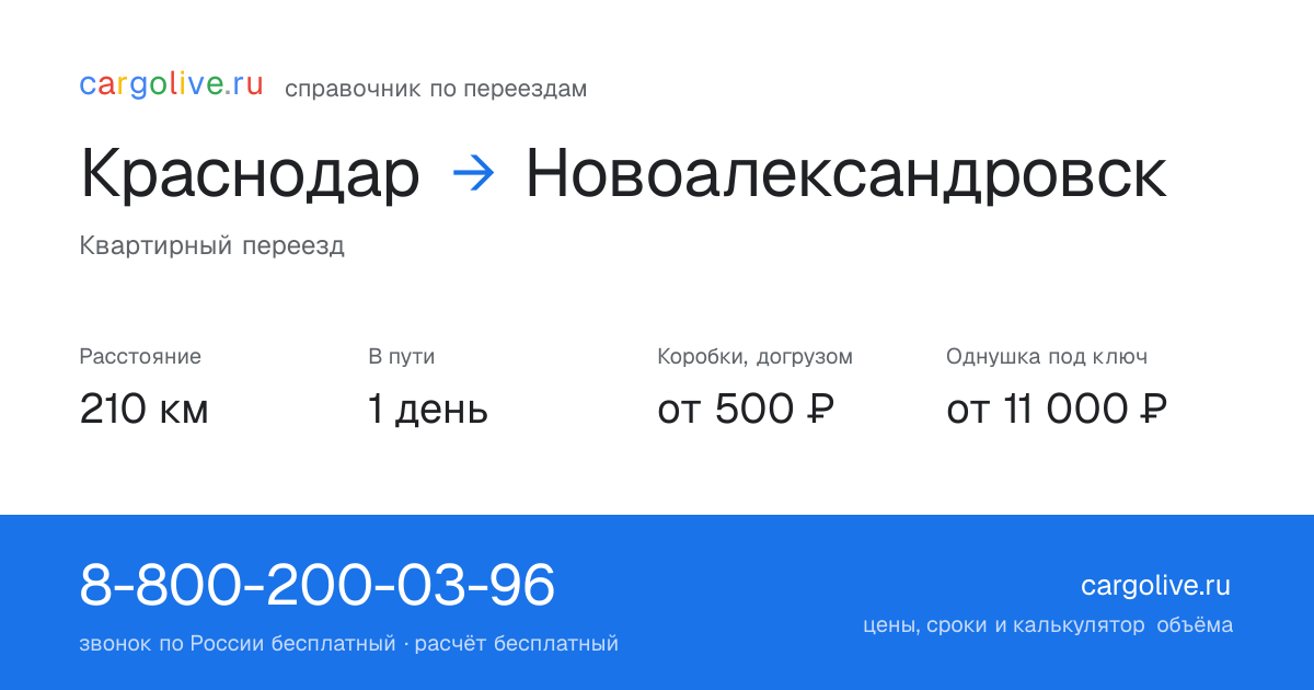 Переезд из Краснодара в Новоалександровск: 210 км, 1 день в пути, от 2 000 ₽