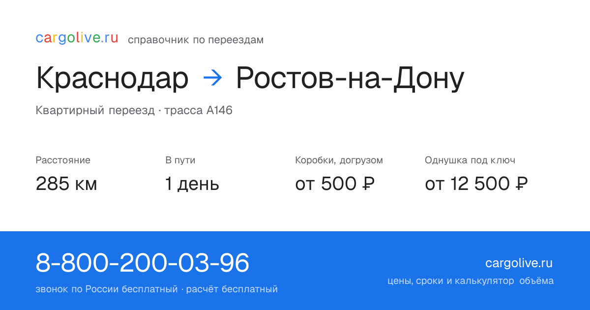 Переезд из Краснодара в Ростов-на-Дону: 285 км, 1 день в пути, от 2 000 ₽