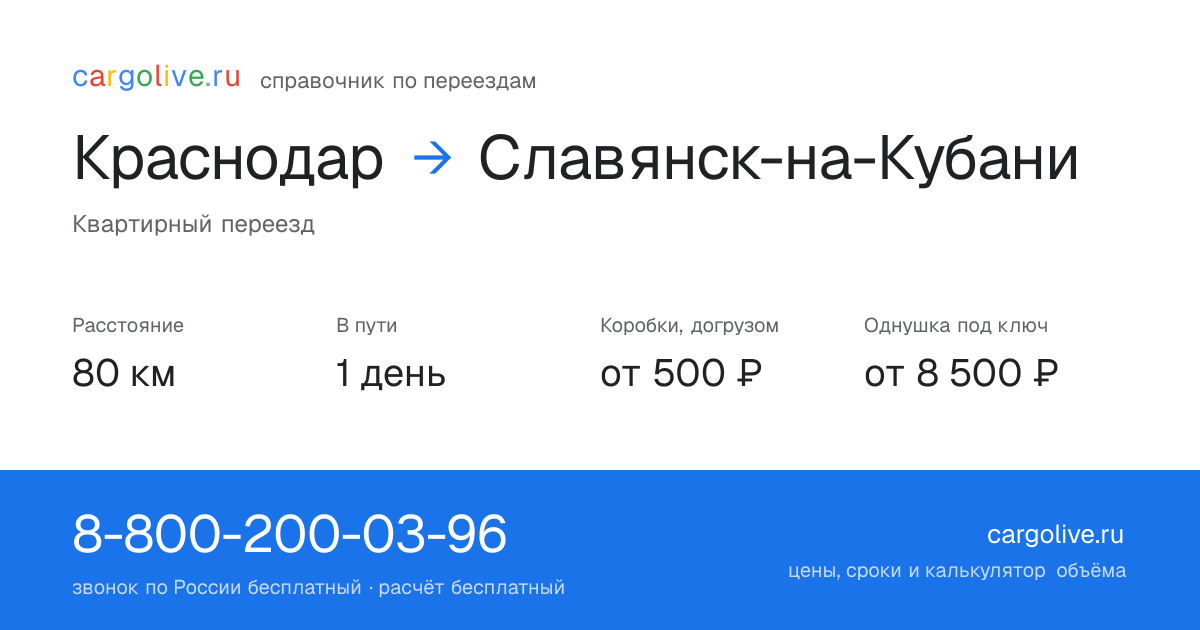 Переезд из Краснодара в Славянск-на-Кубани: 80 км, 1 день в пути, от 2 000 ₽