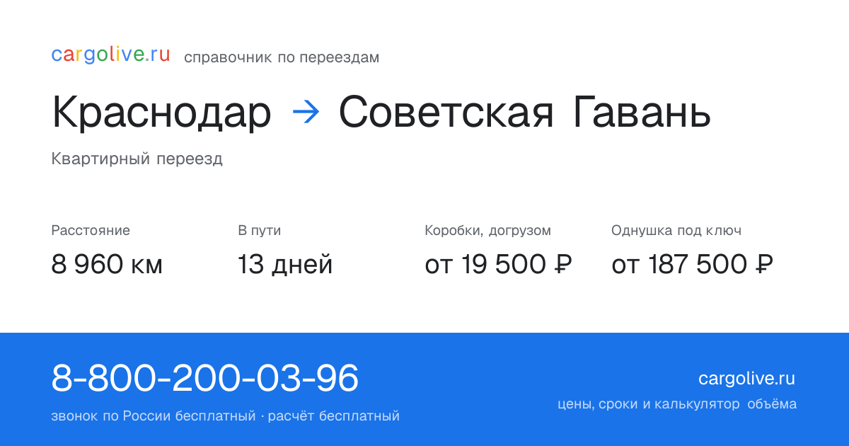 Переезд из Краснодара в Советскую Гавань: 8 960 км, 13 дней в пути, от 19 500 ₽