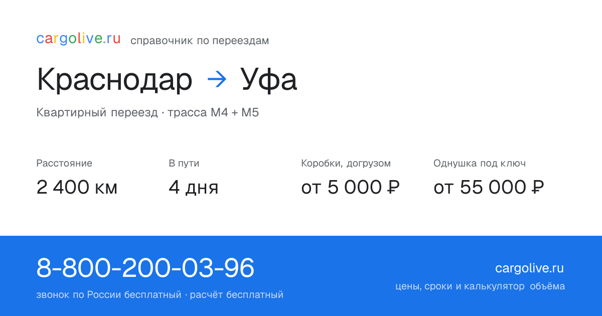 Переезд из Краснодара в Уфу: 2 400 км, 4 дня в пути, от 5 000 ₽