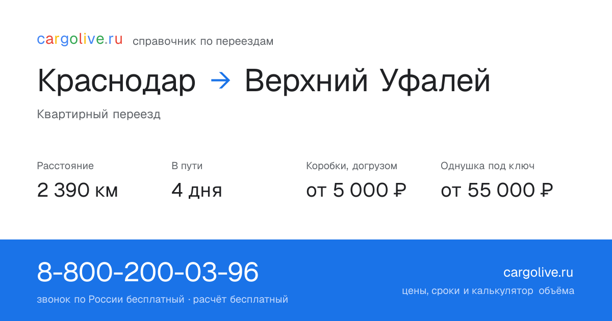 Переезд из Краснодара в Верхний Уфалей: 2 390 км, 4 дня в пути, от 5 000 ₽