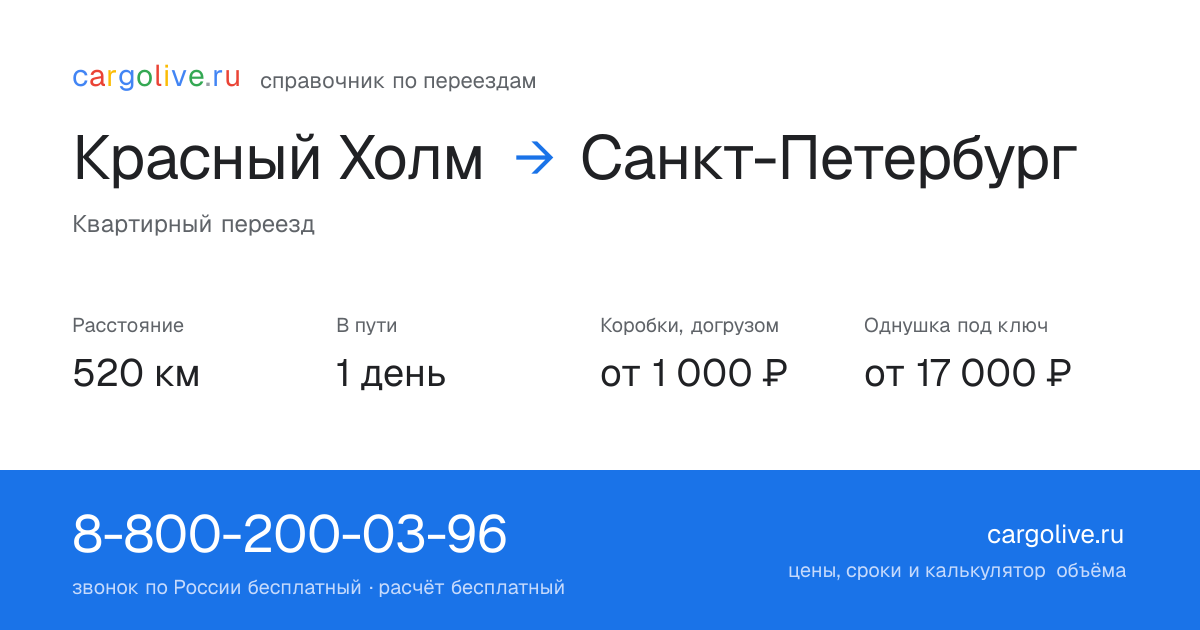 Переезд из Красного Холма в Санкт-Петербург: 520 км, 1 день в пути, от 2 000 ₽