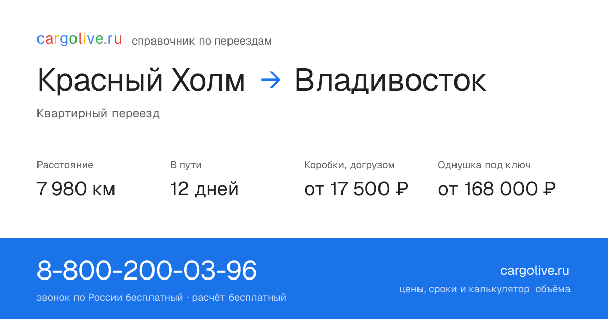 Переезд из Красного Холма во Владивосток: 7 980 км, 12 дней в пути, от 17 500 ₽