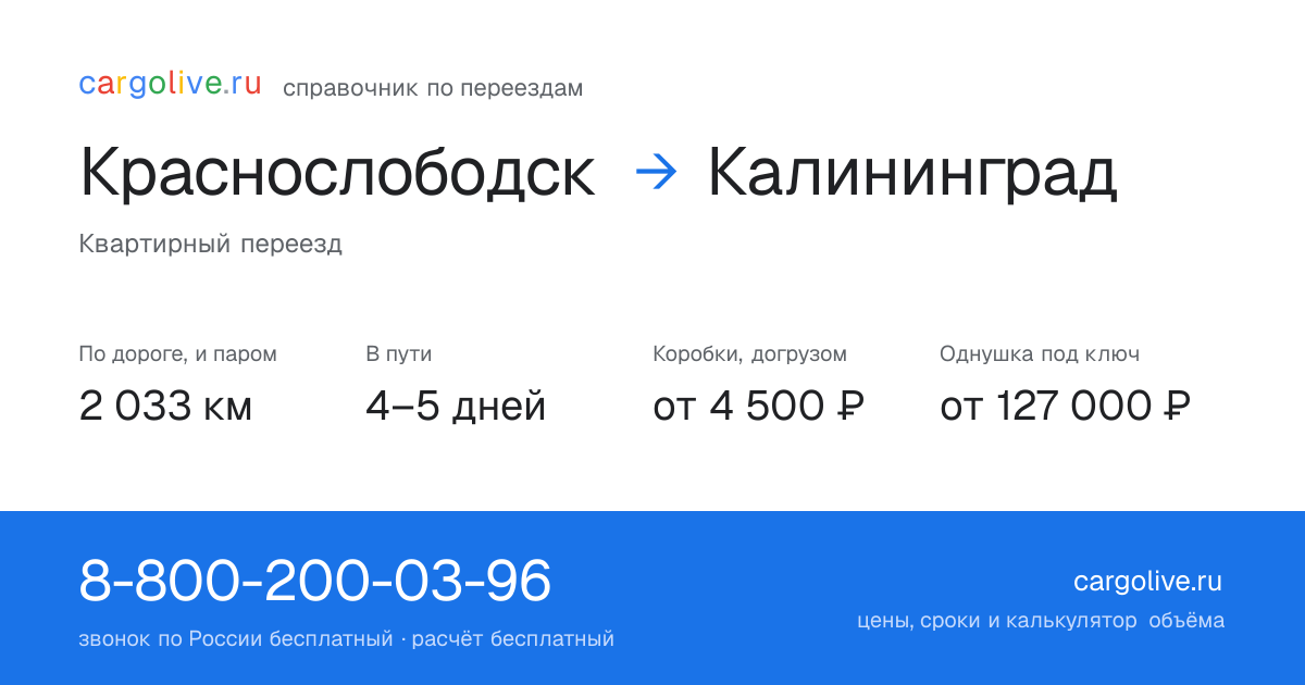 Переезд из Краснослободска в Калининград: 2 033 км по дороге и паром, 4–5 дней в пути, от 4 500 ₽