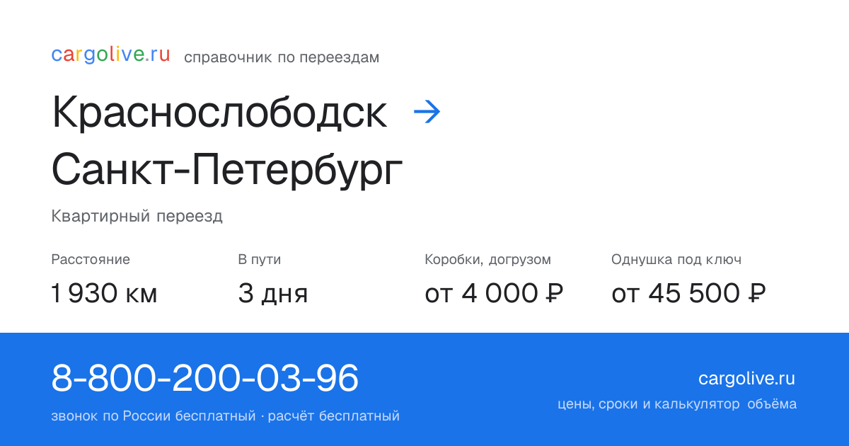 Переезд из Краснослободска в Санкт-Петербург: 1 930 км, 3 дня в пути, от 4 000 ₽