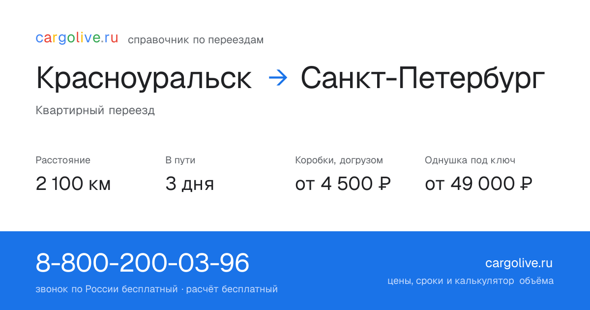 Переезд из Красноуральска в Санкт-Петербург: 2 100 км, 3 дня в пути, от 4 500 ₽