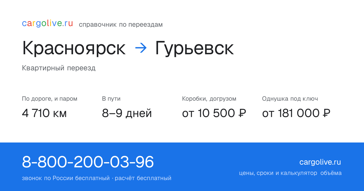 Переезд из Красноярска в Гурьевск: 4 710 км по дороге и паром, 8–9 дней в пути, от 10 500 ₽