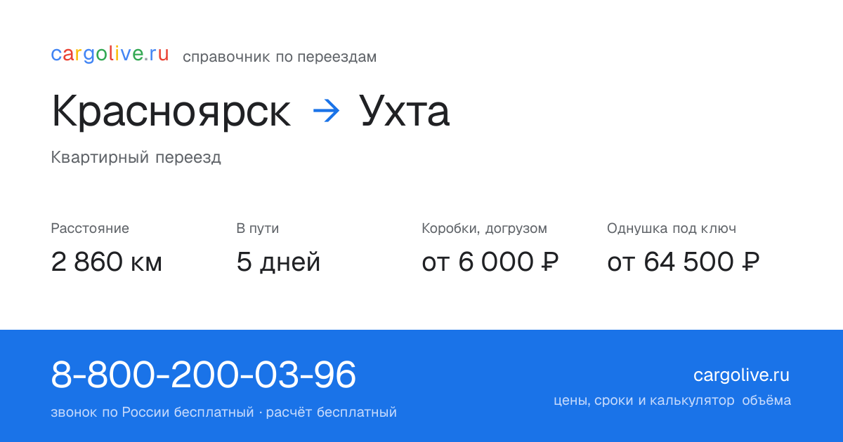 Переезд из Красноярска в Ухту: 2 860 км, 5 дней в пути, от 6 000 ₽