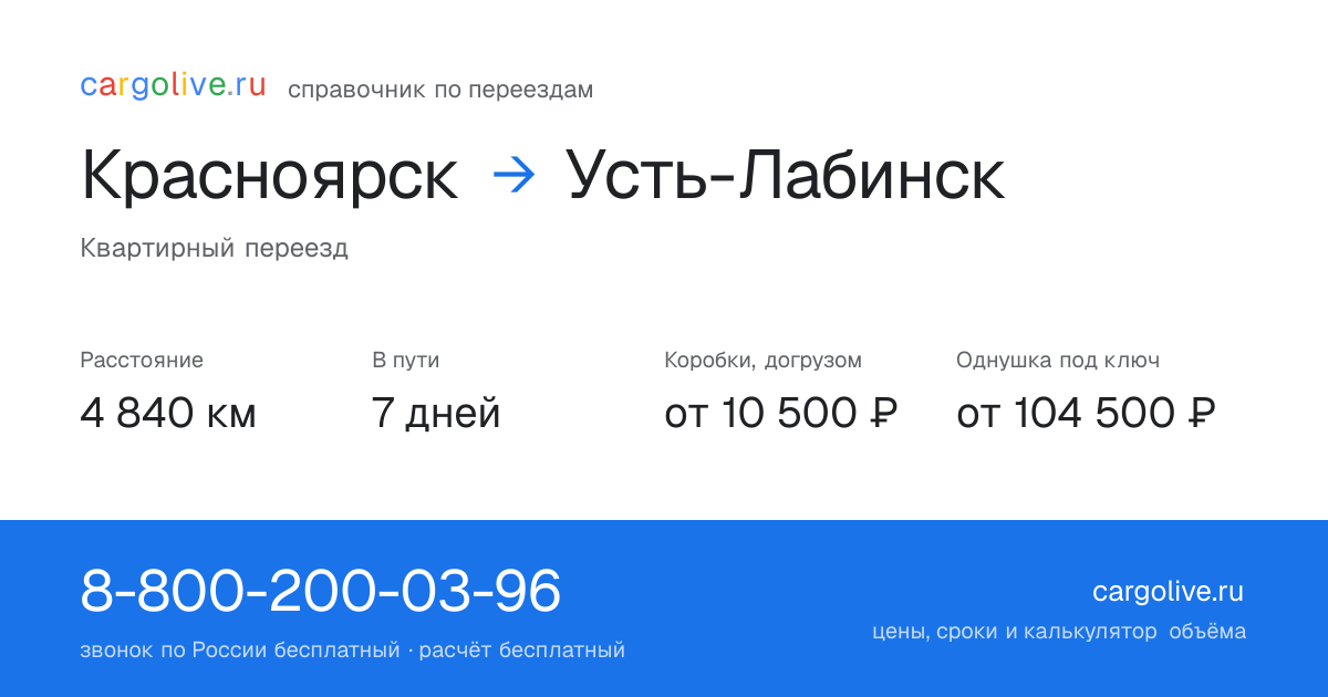 Переезд из Красноярска в Усть-Лабинск: 4 840 км, 7 дней в пути, от 10 500 ₽