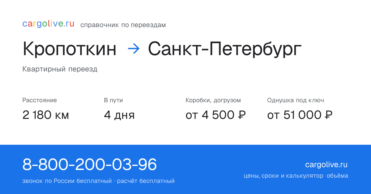 Переезд из Кропоткина в Санкт-Петербург: 2 180 км, 4 дня в пути, от 4 500 ₽