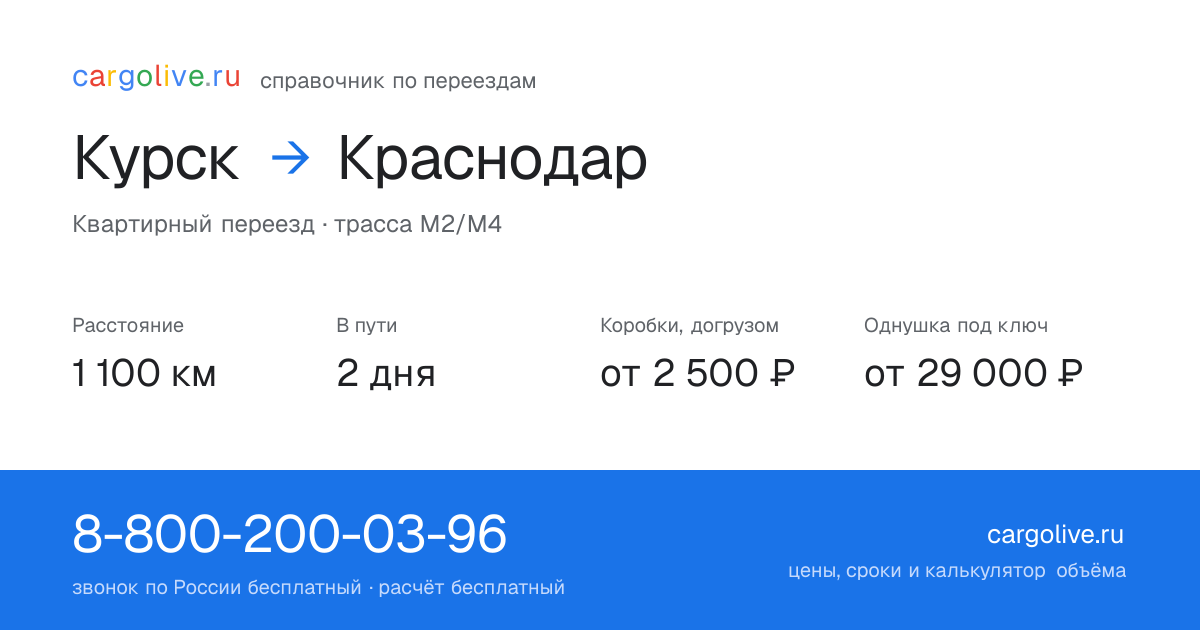 Переезд из Курска в Краснодар: 1 100 км, 2 дня в пути, от 2 500 ₽