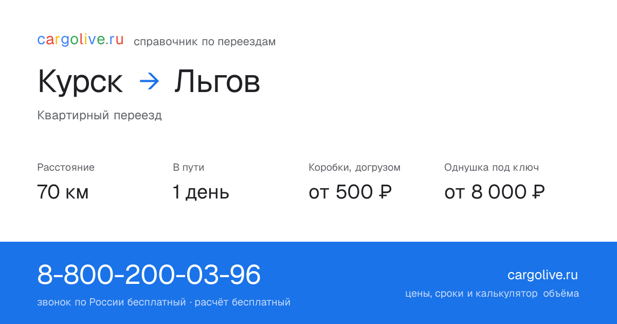 Переезд из Курска в Льгов: 70 км, 1 день в пути, от 2 000 ₽