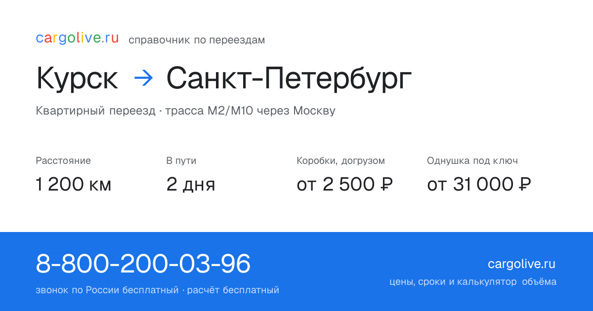 Переезд из Курска в Санкт-Петербург: 1 200 км, 2 дня в пути, от 2 500 ₽