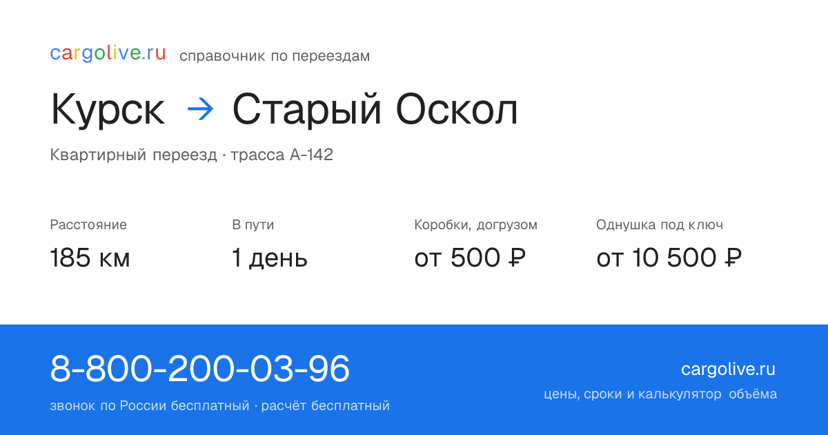 Переезд из Курска в Старый Оскол: 185 км, 1 день в пути, от 2 000 ₽