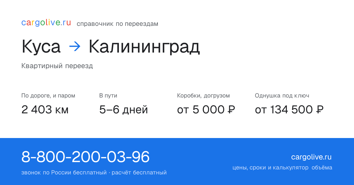 Переезд из Кусы в Калининград: 2 403 км по дороге и паром, 5–6 дней в пути, от 5 000 ₽